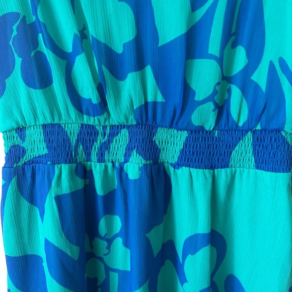 NINE WEST Dress Blue & Green Tropical V-Neck Lined Sleeveless Flirty Summer Sz L - Picture 6 of 8